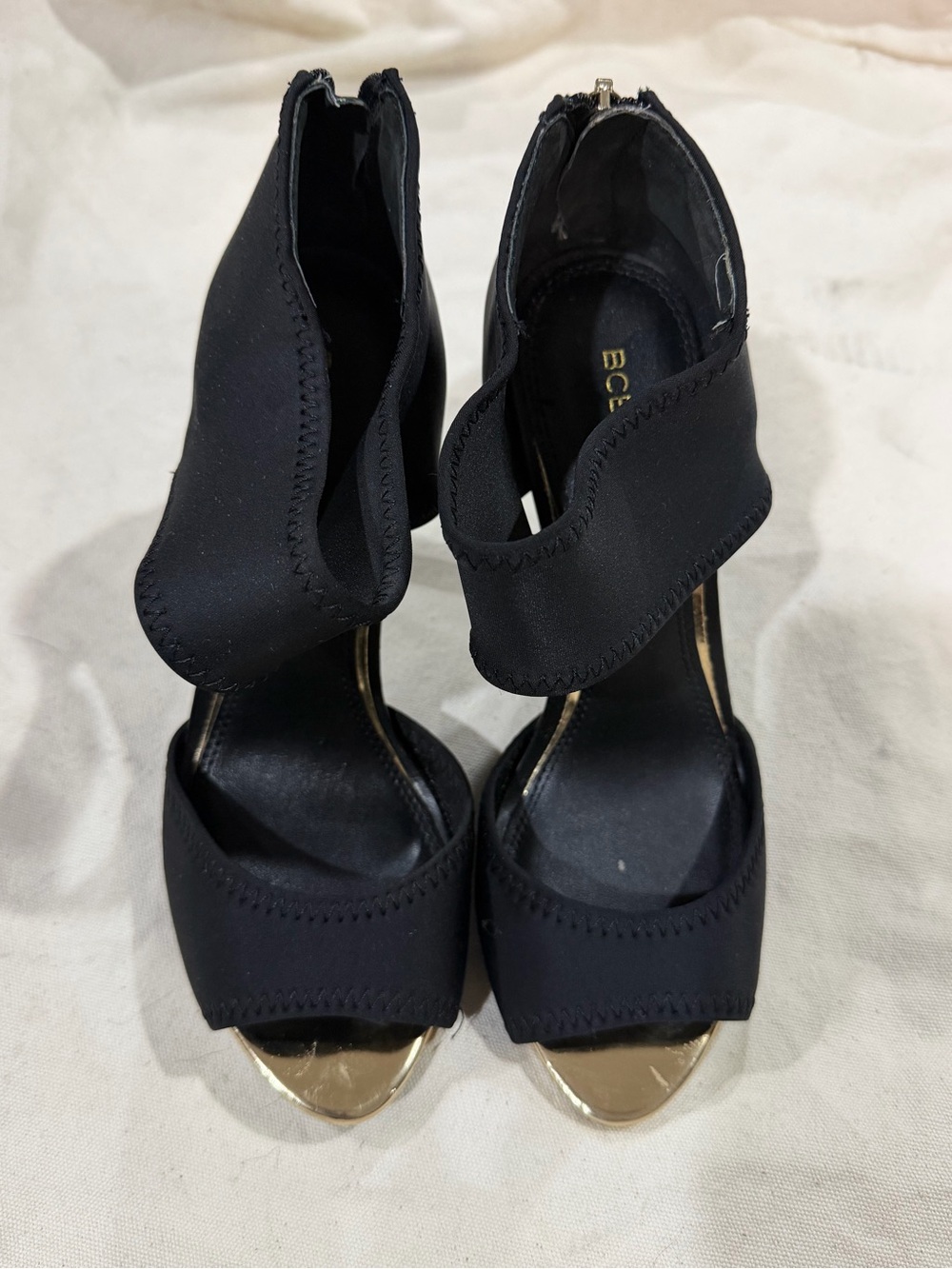 BCBG Black Heeled Sandals with Gold Toe Accent